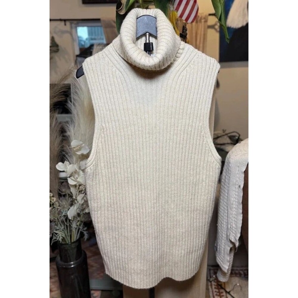 Cream Ribbed Turtleneck Sweater Vest Longline Knit Top Tunic Size M
